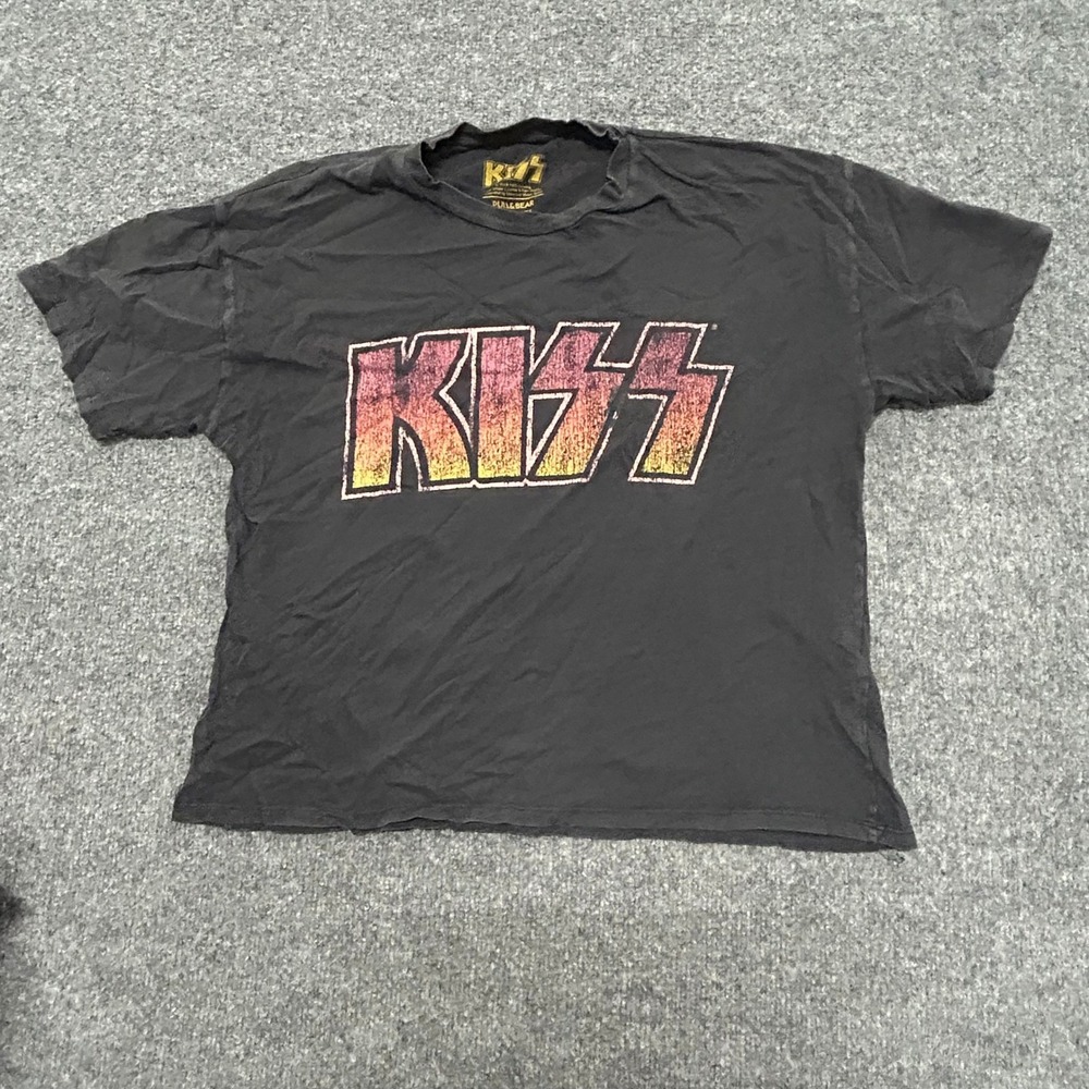Pull&Bear T-Shirt Womens Size M Black KISS Band Graphic Cropped Relaxed Fit Tee